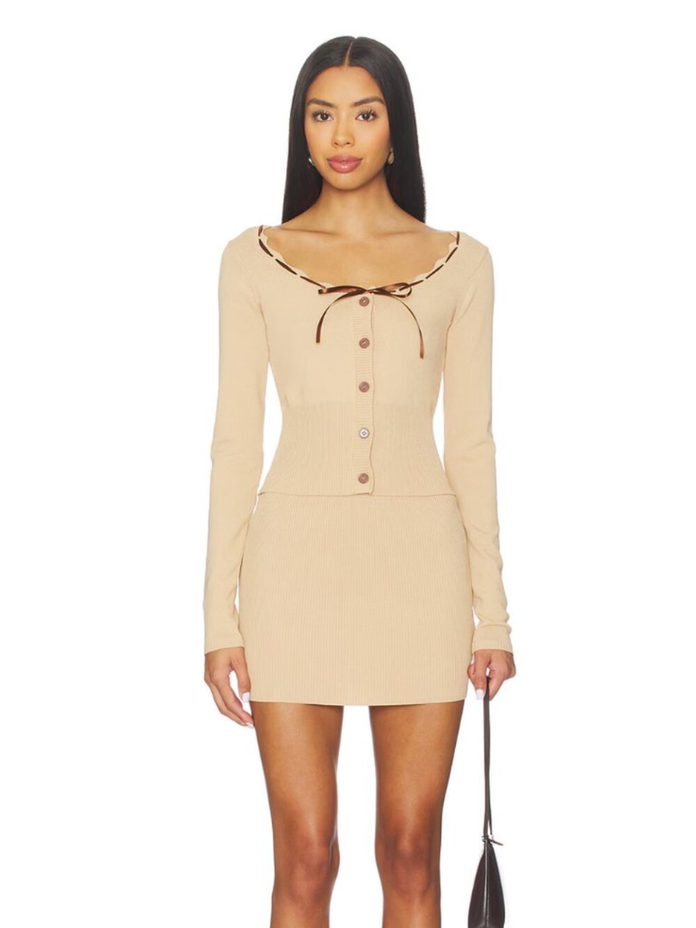 NEW MORE TO COME Kelliann Cardigan in Oat Beige Tan Long Sleeve Knit Sweater